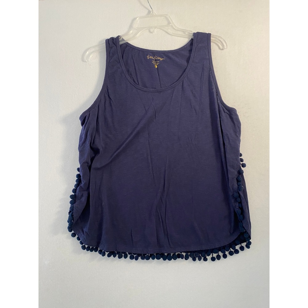 Lilly Pulitzer Navy Blue Cotton Pom Pom Trim Tank Top XL